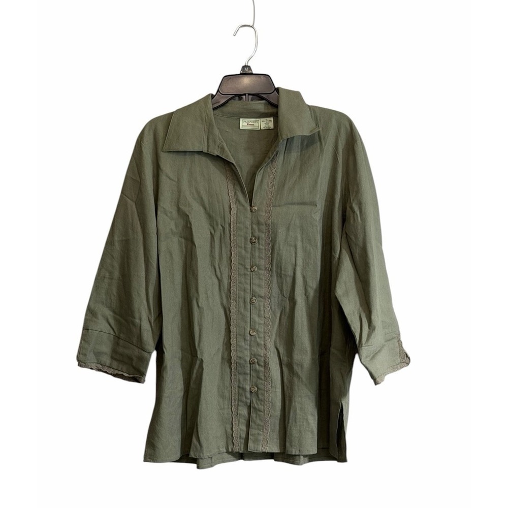 Passports 1X Button Front Linen Blend Top Sage Green Lace Trim Lagenlook
